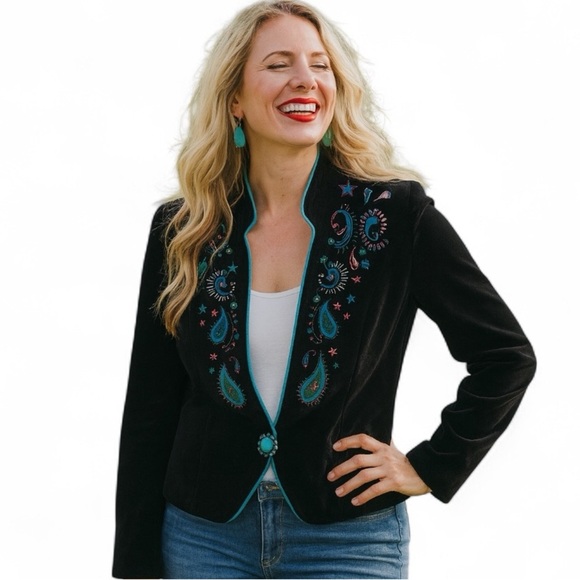 Double D Ranch Jackets & Blazers - Double D Ranch Scout velvet heavily embroidered turquoise studded jacket EUC